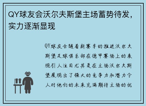 QY球友会沃尔夫斯堡主场蓄势待发，实力逐渐显现